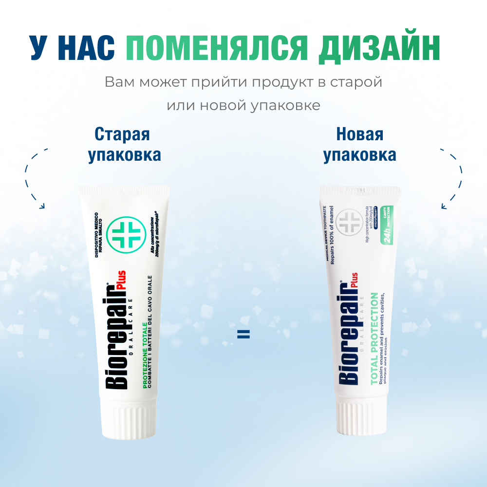 Новая и старая упаковка Biorepair Plus Total Protection