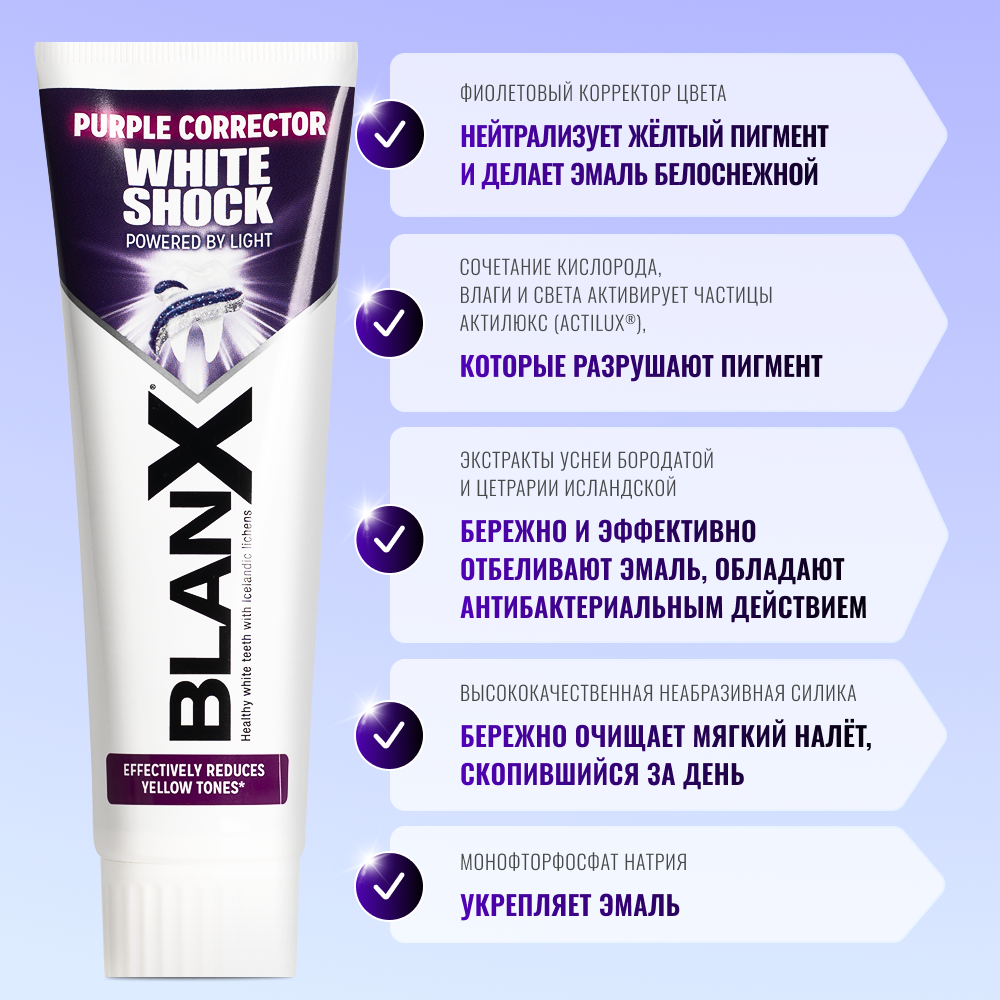 Зубная паста Бланкс Вайт Шок отбеливающая с фиолетовым корректором цвета